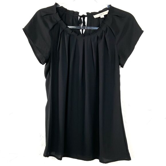 LOFT Black Pleated Sheer Short Sleeve Blouse XS - Picture 1 of 5